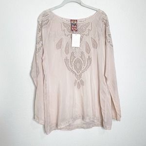 johnny was blush pink embroidered long sleeve silk blouse size small